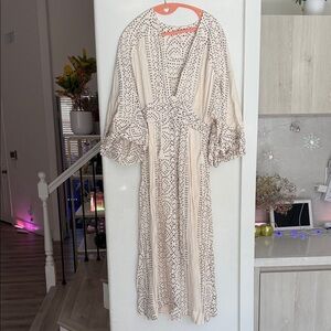 Free People Cream and Black Patterned Long Sleeve Bohemian Dress